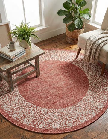 Rust Red Easy-Clean Border Indoor / Outdoor Round Rug