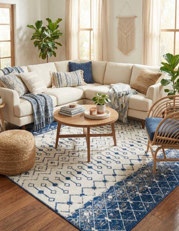 Ivory Navy Blue Moroccan Trellis Square Rug