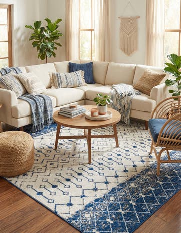 Ivory Navy Blue Moroccan Trellis Square Rug