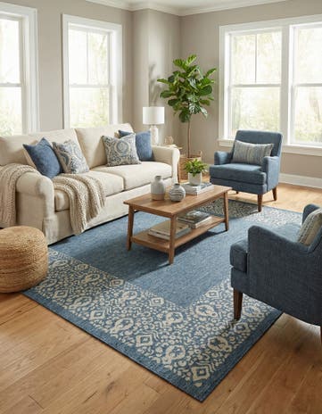 Blue Easy-Clean Border Indoor / Outdoor Square Rug