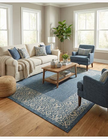 Blue Easy-Clean Border Indoor / Outdoor Square Rug