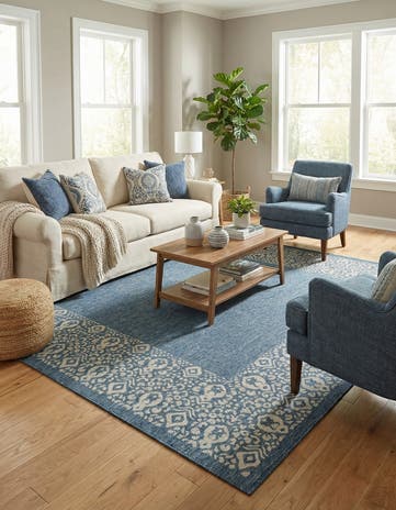 Blue Easy-Clean Border Indoor / Outdoor Square Rug
