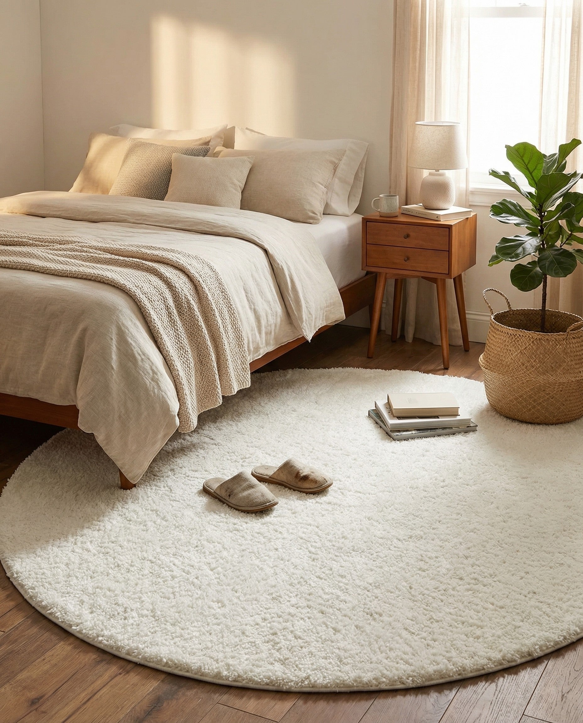 A soft, plush white oval shag rug made from polypropylene, perfect for adding cozy texture to any indoor space.