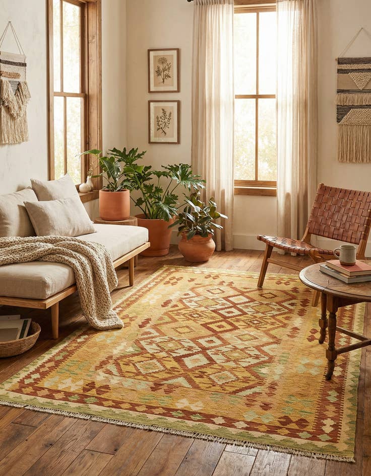 Detail image of 4' 7 x 6' 7  Hand Woven Kilim Waziri Wool Rug