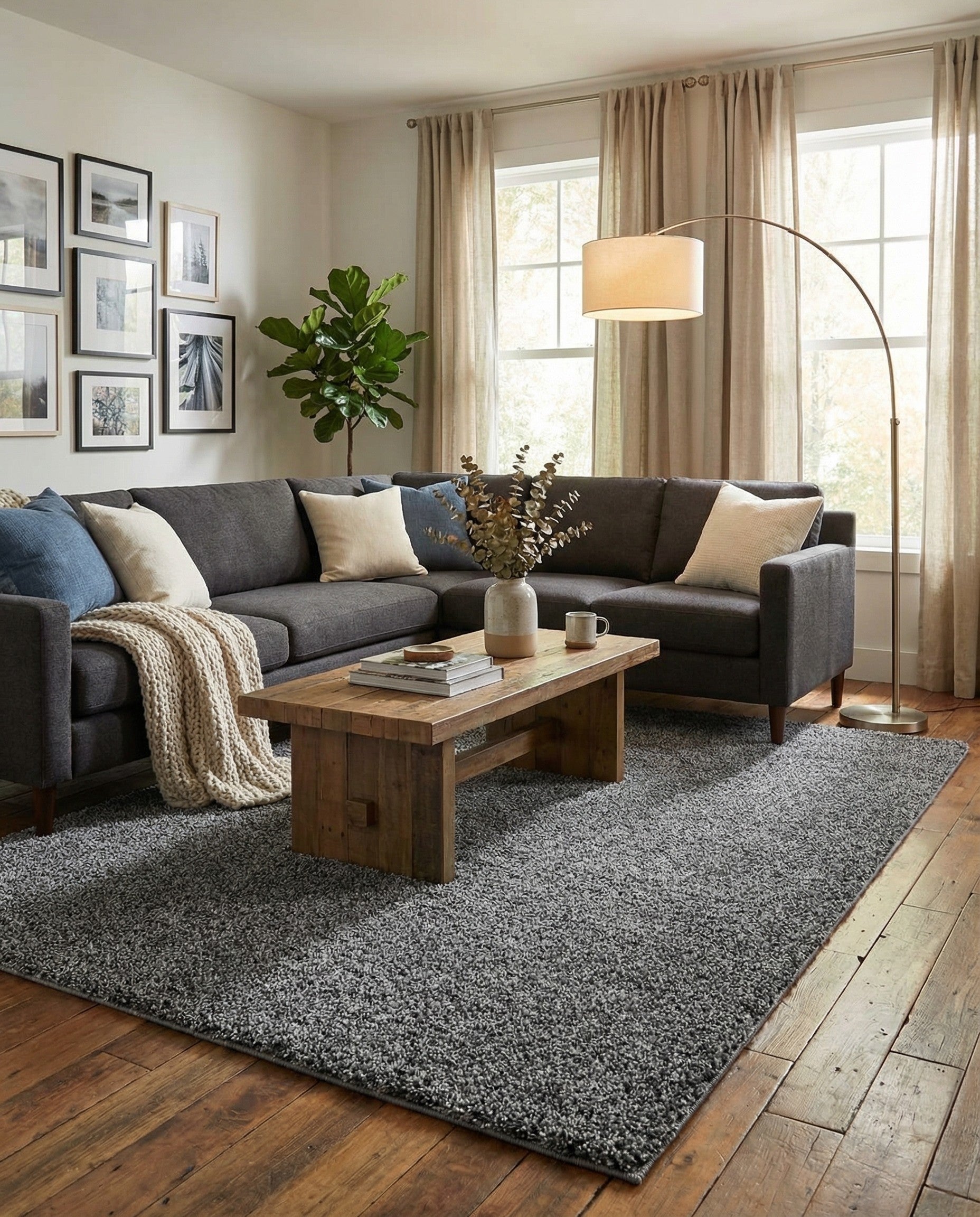 A rectangular 7x10 gray shag rug with a textured pile, perfect for a modern living room or bedroom.