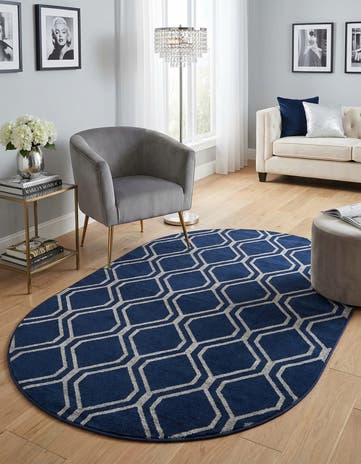 Navy Blue Silver Marilyn Monroe™ Glam Trellis Oval Rug