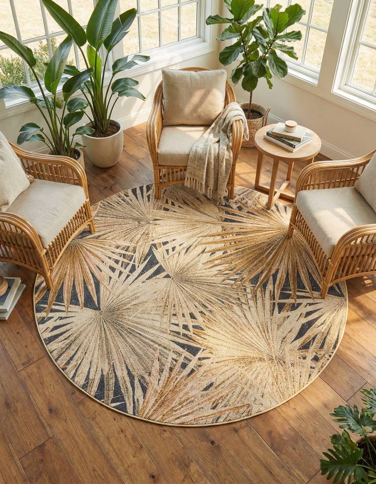 Detail image of 7' 10 x 7' 10  Washable Botanical Indoor / Outdoor Round Rug