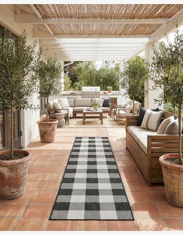 Black and White Easy-Clean Checkered Indoor / Outdoor Runner Rug