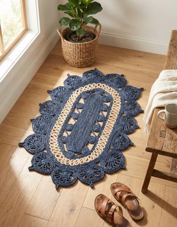 Navy Blue and White Handmade Braided Jute Oval Rug