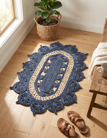 Navy Blue and White Handmade Braided Jute Oval Rug