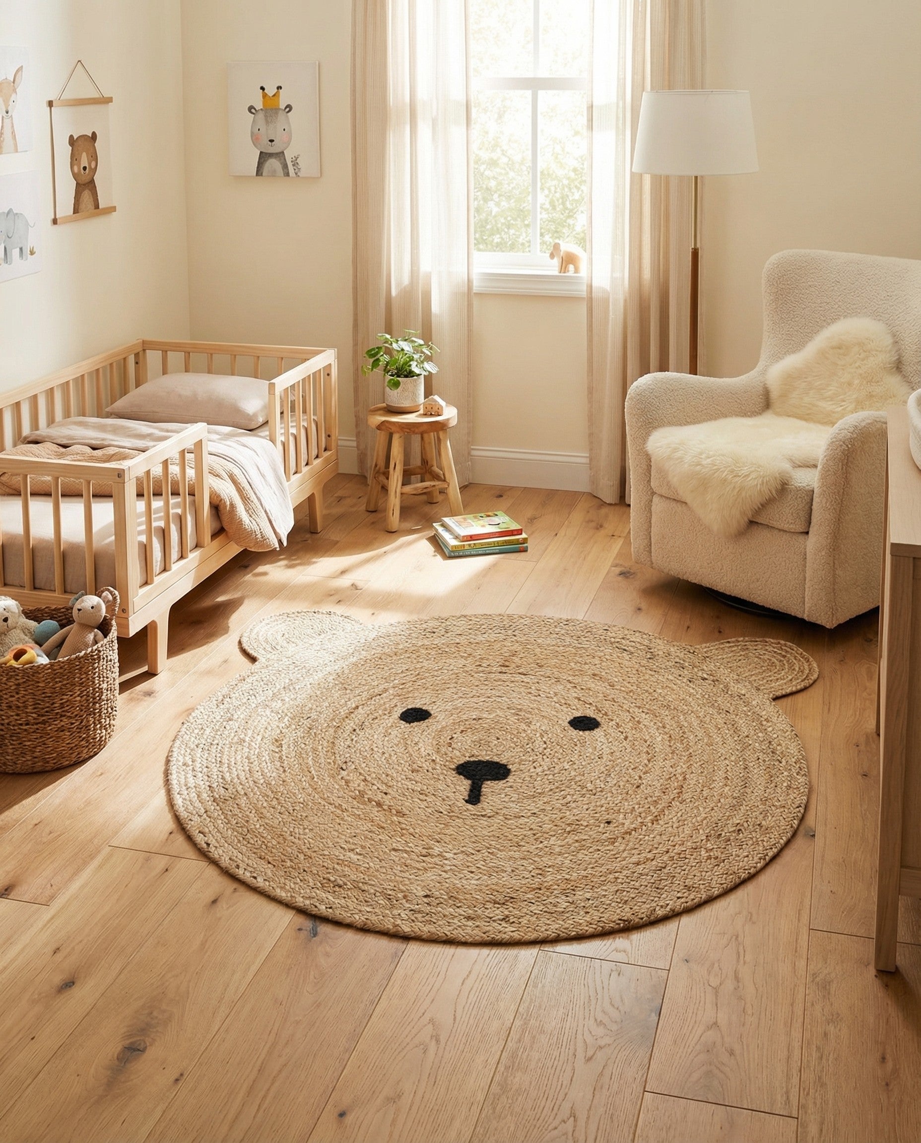 A round, braided jute rug shaped like a bear's head, with black eyes and nose, perfect for a kids' room.