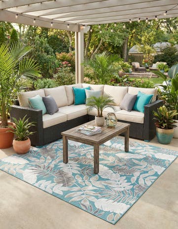 Light Blue Easy-Clean Botanical Indoor / Outdoor Square Rug