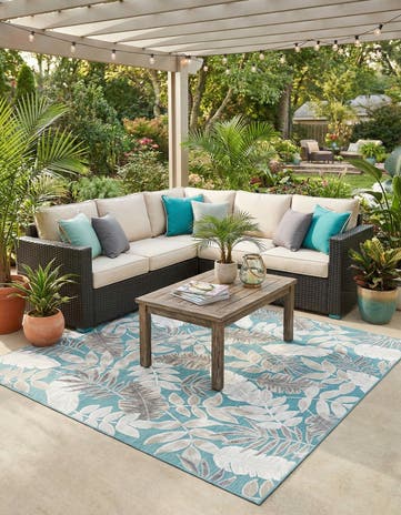 Light Blue Easy-Clean Botanical Indoor / Outdoor Square Rug