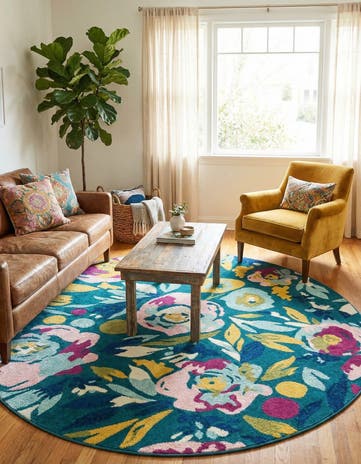 Teal Bloom Round Rug