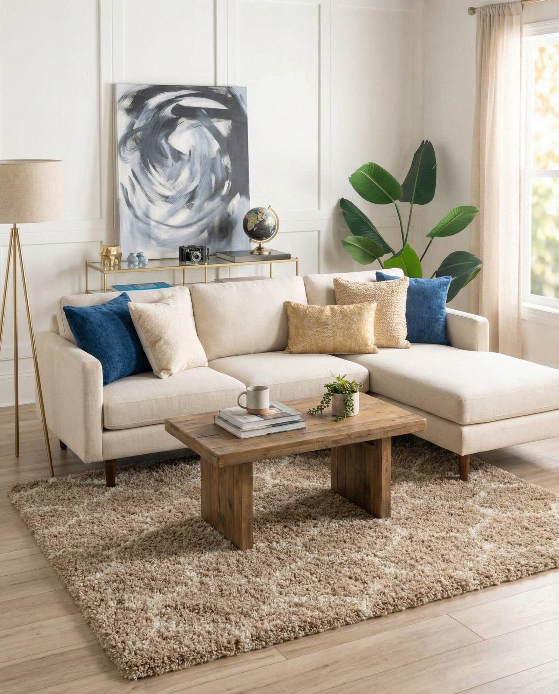 A soft, square 5' 3 x 5' 3 brown shag rug with a subtle cream trellis pattern, perfect for an indoor living space.