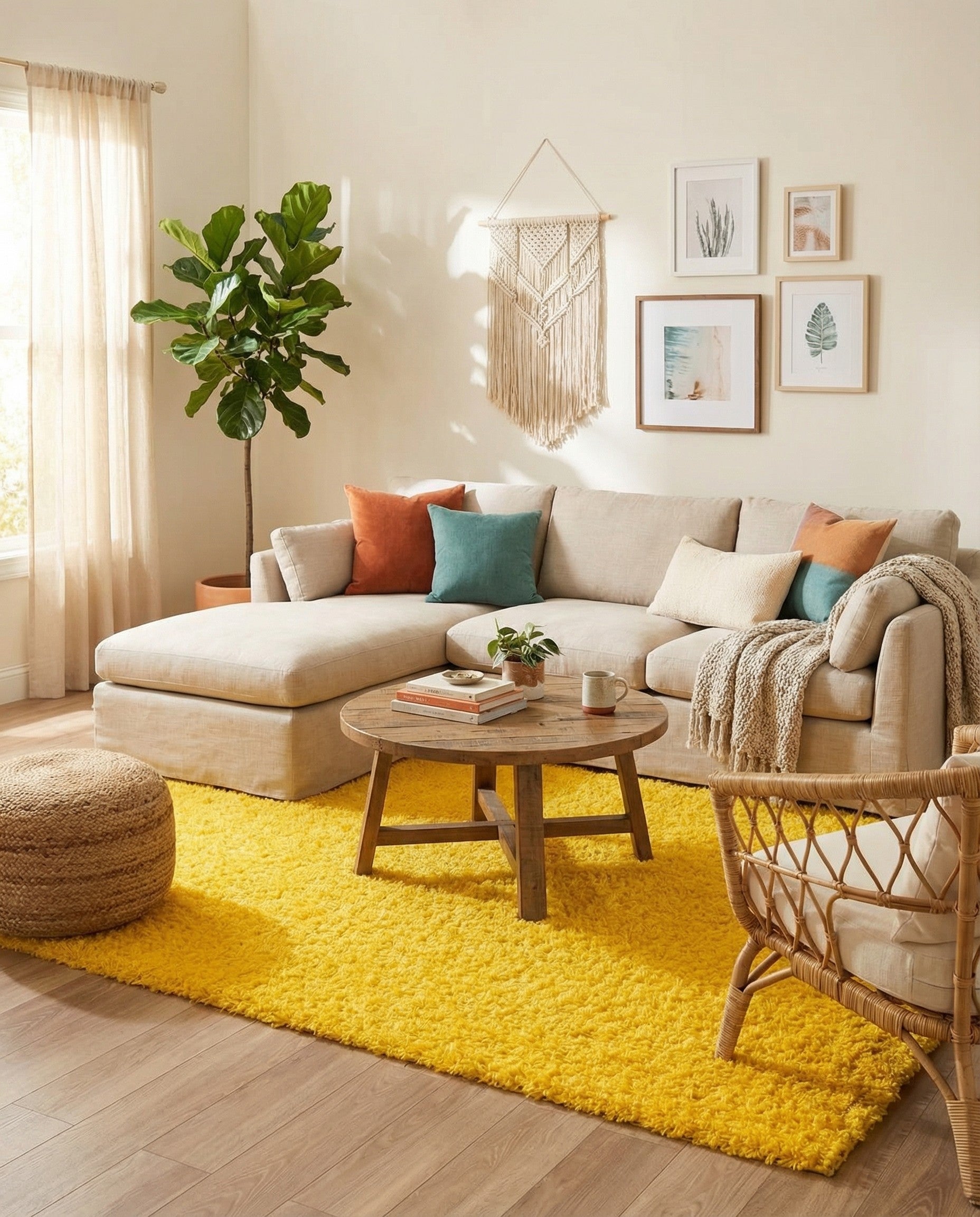 A vibrant 9x12 rectangular solid yellow shag rug with a plush, textured pile, perfect for a modern living room or bedroom.