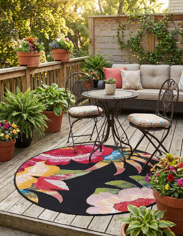 Detail image of 3' x 3'  Washable Botanical Indoor / Outdoor Round Rug