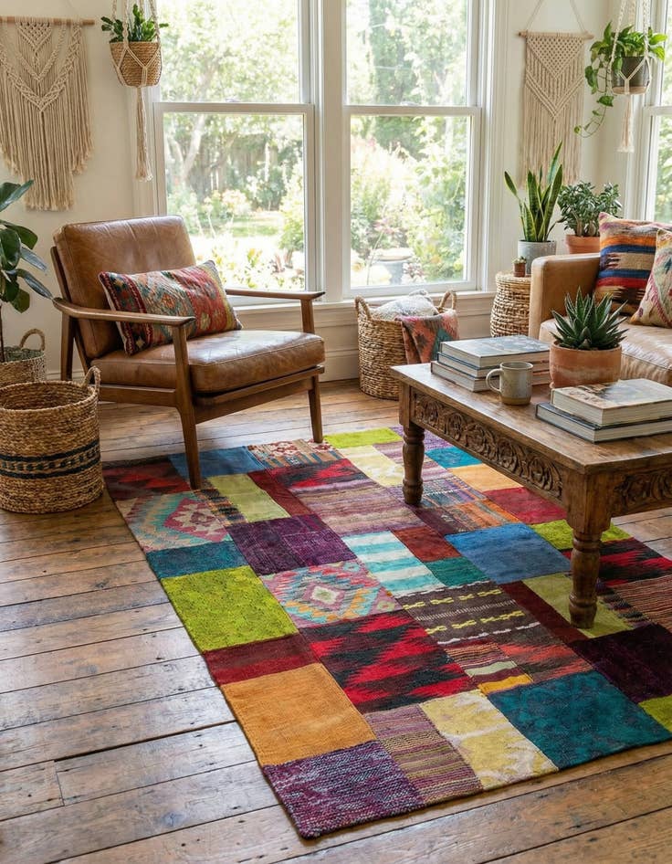 Detail image of  4' x 5' 10  Hand Woven Kilim Patchwork Wool Rug