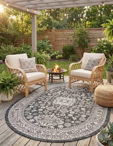 Charcoal Gray Easy-Clean Aztec Indoor / Outdoor Oval Rug