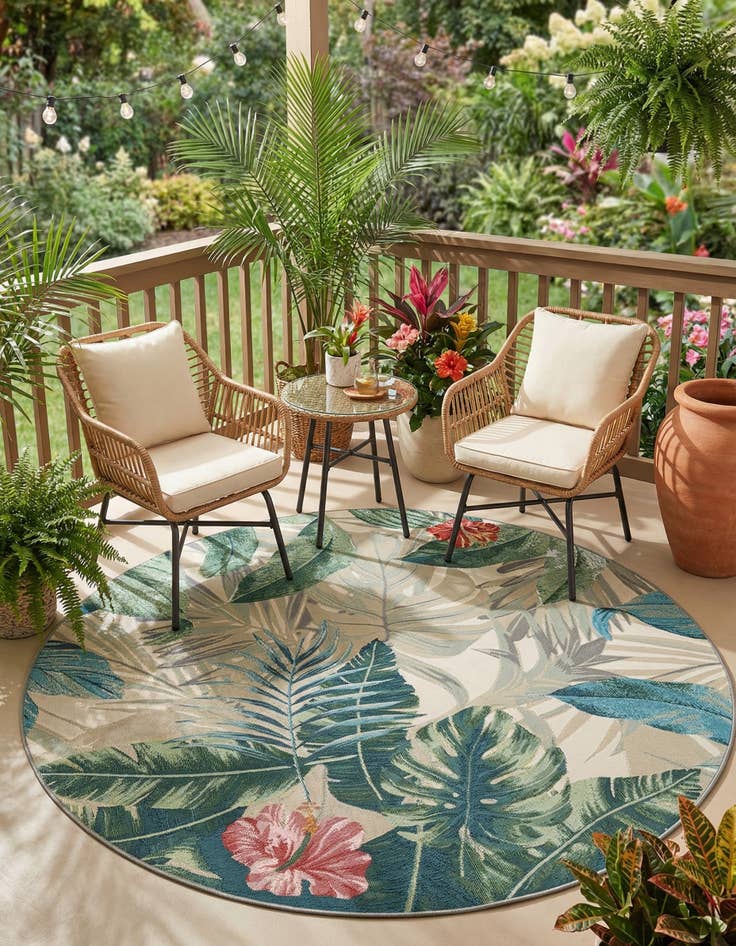 Detail image of 5' x 5'  Washable Botanical Indoor / Outdoor Round Rug