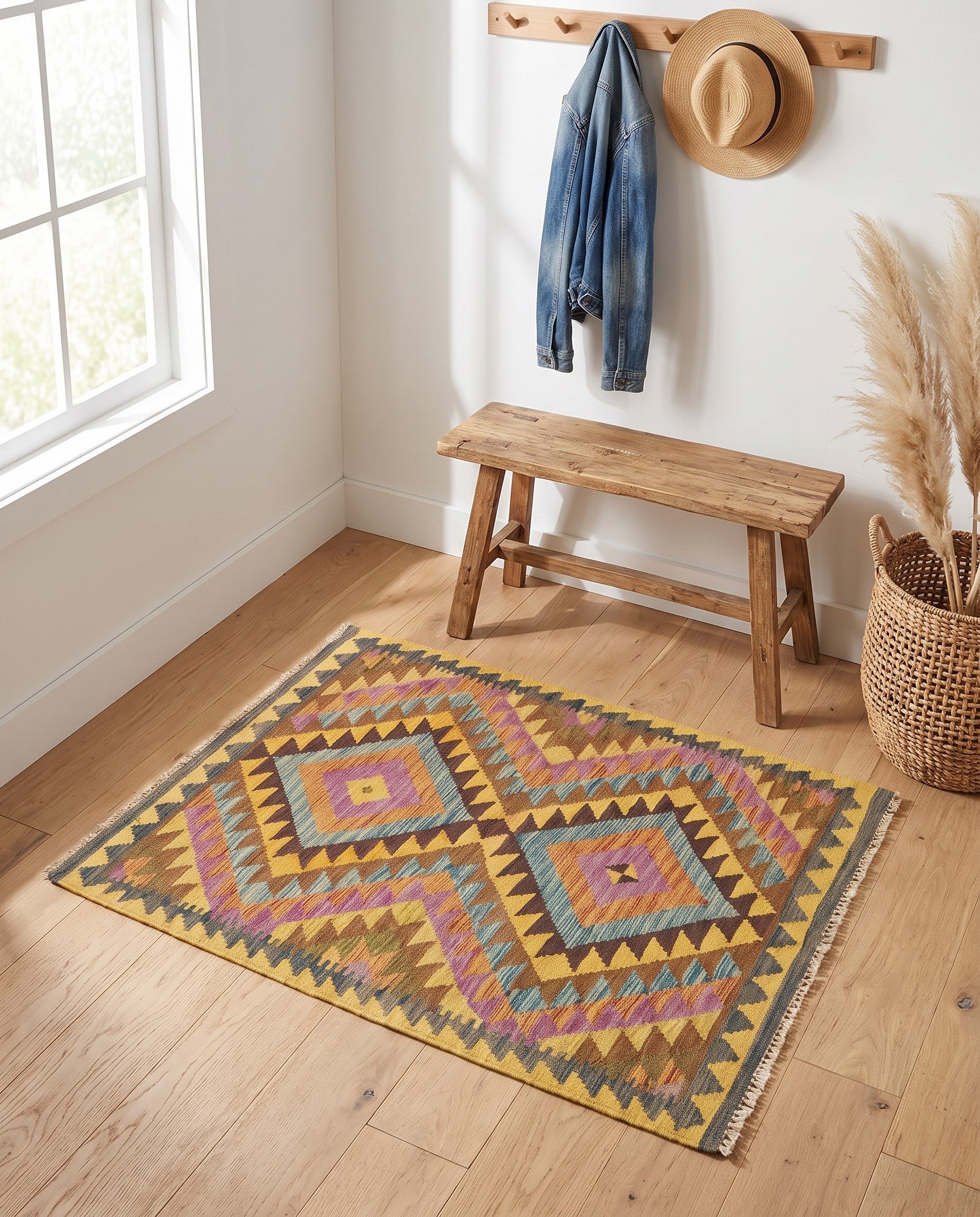 90cm x 105cm Tejido a mano Kilim Maymana Alfombra Lana Cuadrado