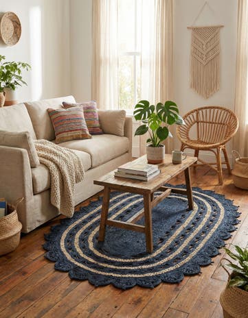 Navy Blue and White Handmade Braided Jute Oval Rug