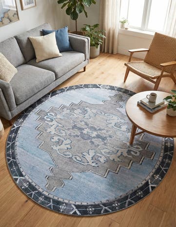 Blue Gray Washable Timeless Round Rug