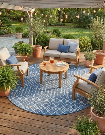 Blue Easy-Clean Lattice Indoor / Outdoor Round Rug