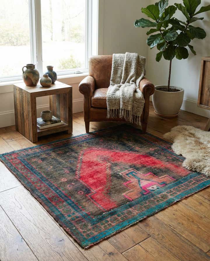 4' 4 x 4' 4 Hand Knotted Ultra Vintage Persian Wool Square Rug