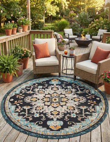 Navy Blue Easy-Clean Casablanca Indoor / Outdoor Round Rug