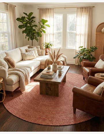 Rust Red Handmade Tweed Braided Jute Round Rug