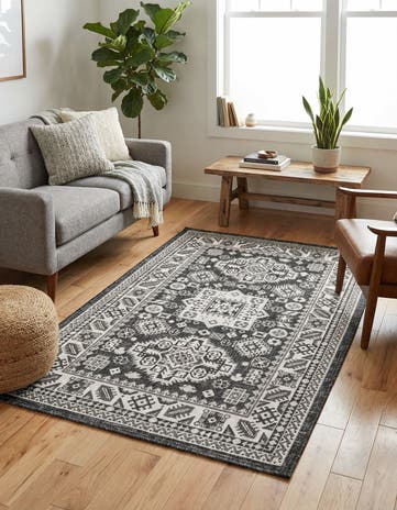Charcoal Gray Easy-Clean Aztec Indoor / Outdoor Rug