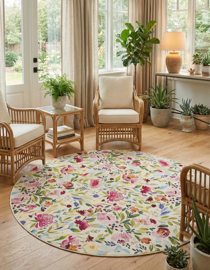 Detail image of  7' 10 x 7' 10  Washable Botanical Indoor / Outdoor Round Rug