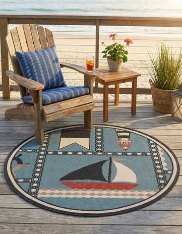 Blue Easy-Clean Coastal Indoor / Outdoor Round Rug