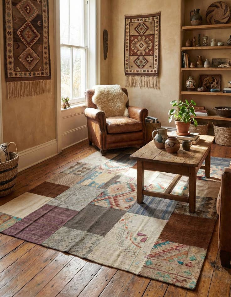 Detail image of 6' 1 x 7' 8  Hand Woven Kilim Patchwork Wool Rug