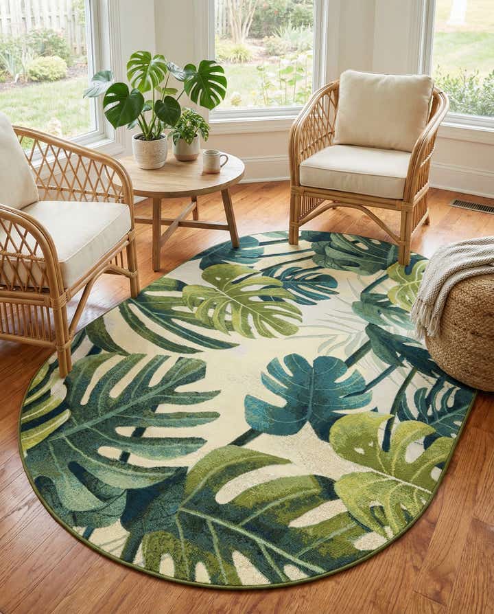 5' 3 x 8' Easy-Clean Botanical Indoor / Outdoor Oval Rug