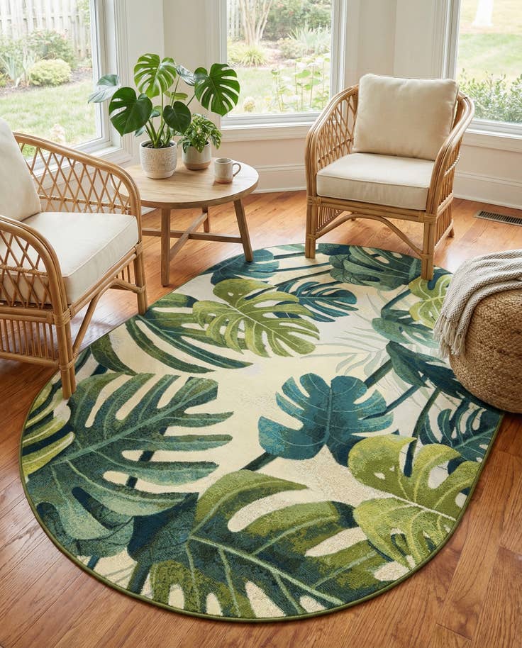 Detail image of 5' 3 x 8' Easy-Clean Botanical Indoor / Outdoor Oval Rug