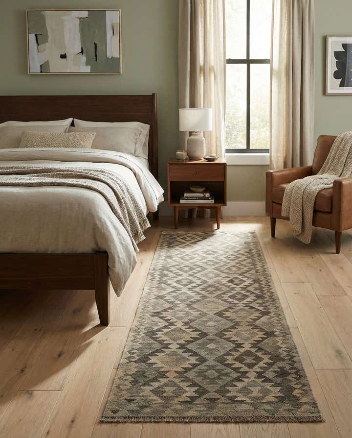 2' 11 x 9' 7 Hand Woven Kilim Maymana Wool Runner Rug