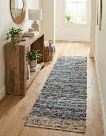 Denim blue Hand Woven Chindi Trellis Runner Rug