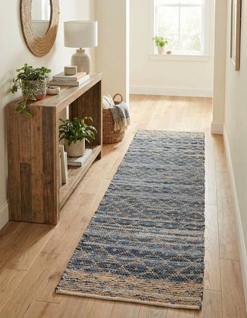 Denim blue Hand Woven Chindi Trellis Runner Rug
