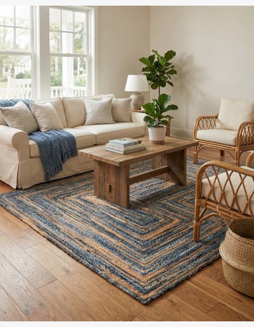 Blue and Natural Handmade Braided Chindi Rug