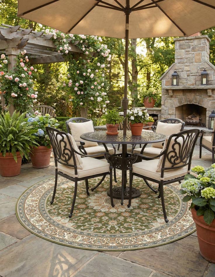 Detail image of 7' 10 x 7' 10  Washable Traditional Indoor / Outdoor Round Rug