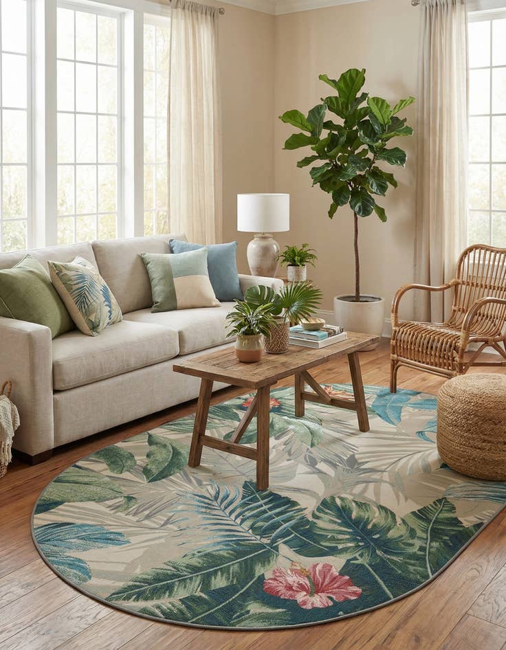 Detail image of 5' 3 x 8'  Washable Botanical Indoor / Outdoor Oval Rug