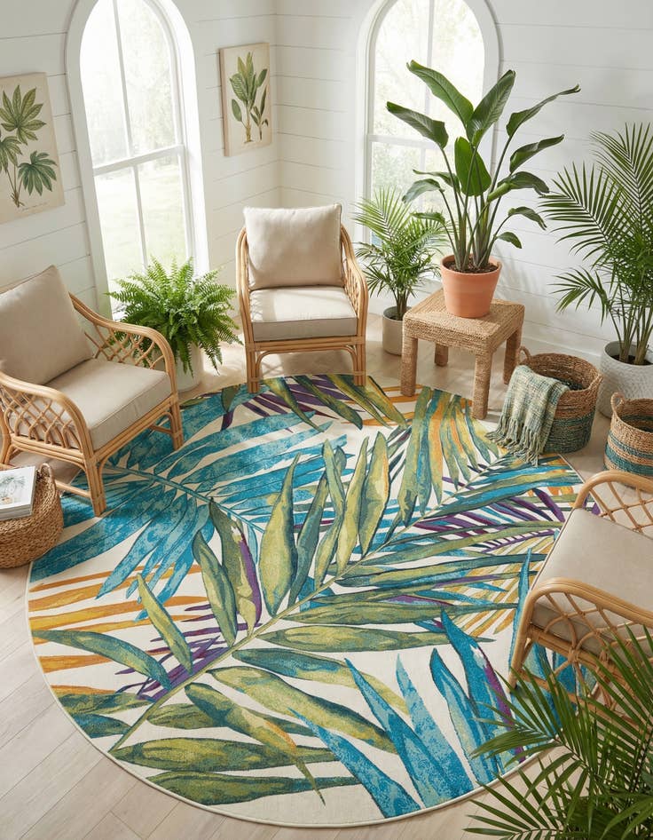 Detail image of 10' x 10'  Washable Botanical Indoor / Outdoor Round Rug