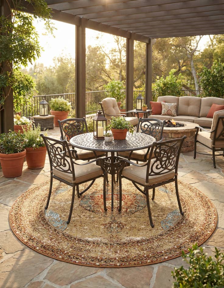 Detail image of 7' 10 x 7' 10  Washable Traditional Indoor / Outdoor Round Rug