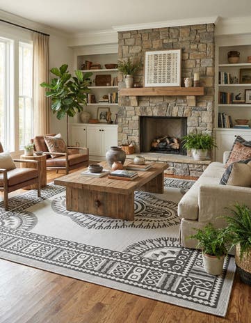 White and Black Easy-Clean Traditional Indoor / Outdoor Square Rug
