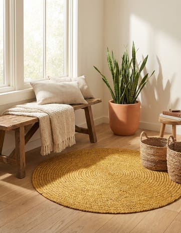 Yellow Handmade Braided Jute Round Rug