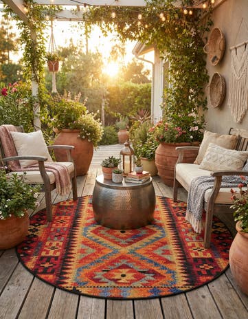 4' x 4' Easy-Clean Tribal Indoor / Outdoor Round Rug