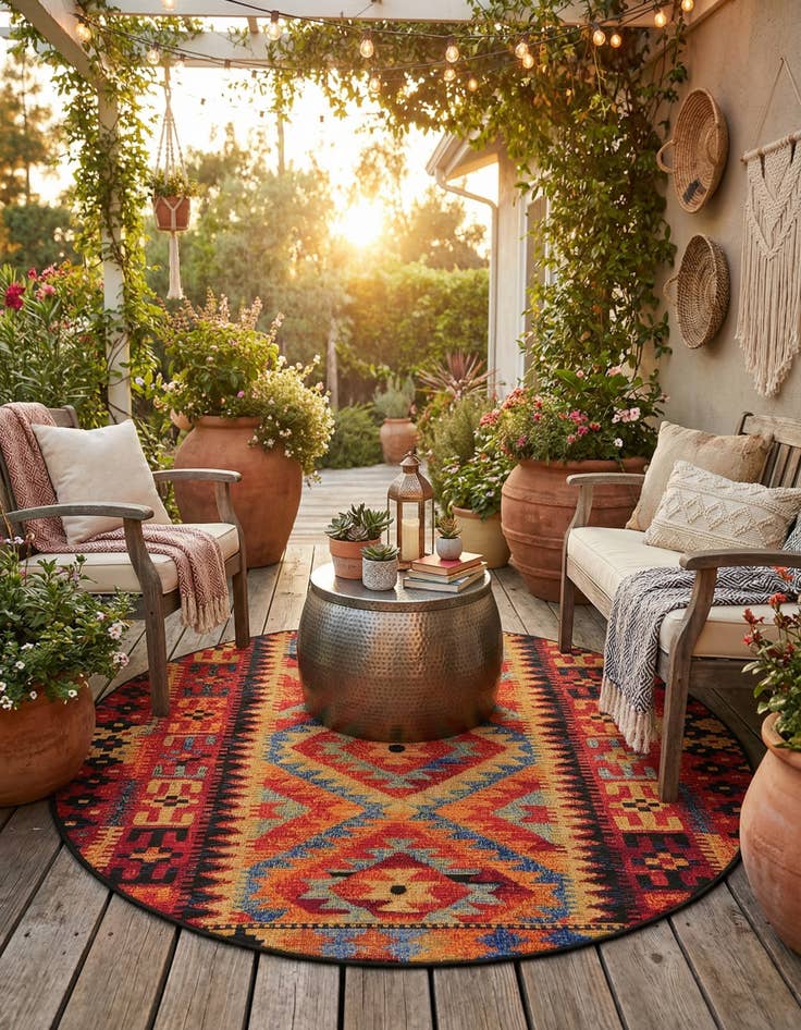 Detail image of 4' x 4' Easy-Clean Tribal Indoor / Outdoor Round Rug