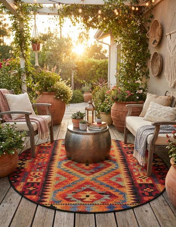 4' x 4' Easy-Clean Tribal Indoor / Outdoor Round Rug